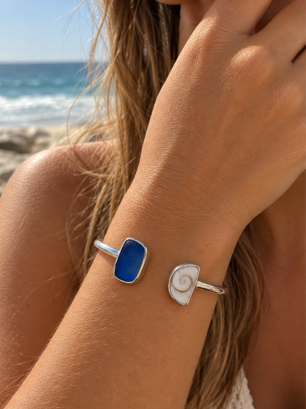 Blue Tide Shiva Shell & Seaglass Cuff Bangle
