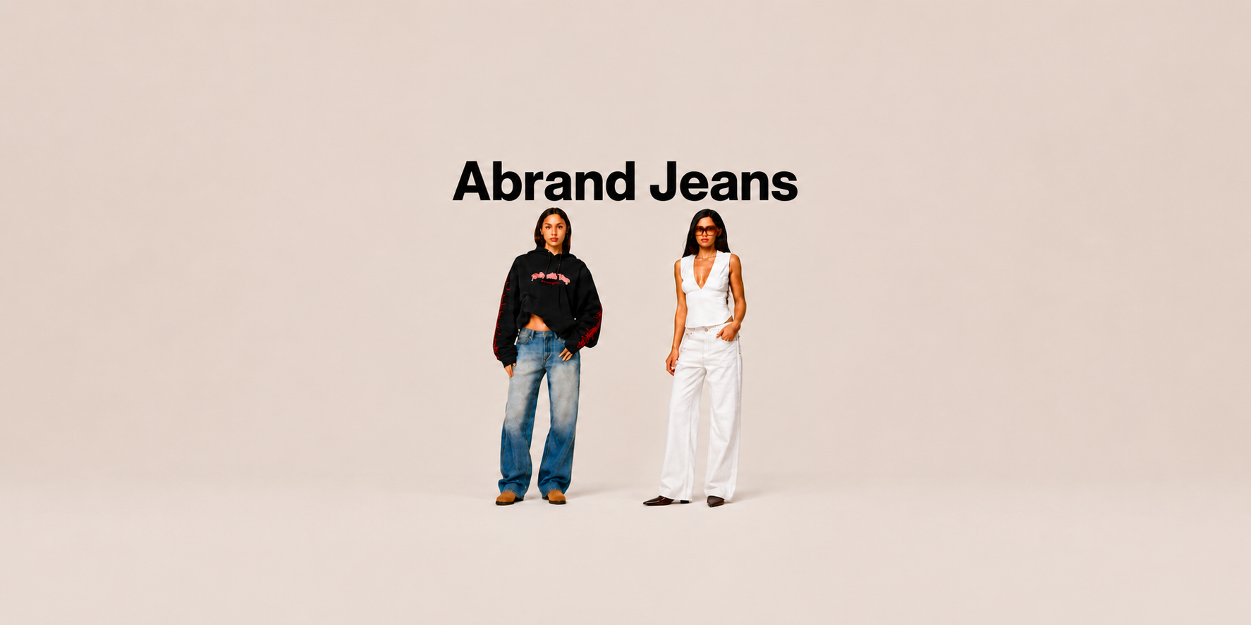 Two women wearing Abrand Jeans denim outfits against a beige studio background.