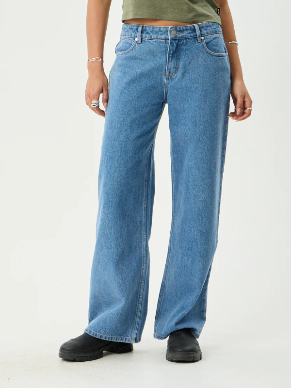 Afends Alyra low rise wide leg women's denim jeans with a relaxed fit.