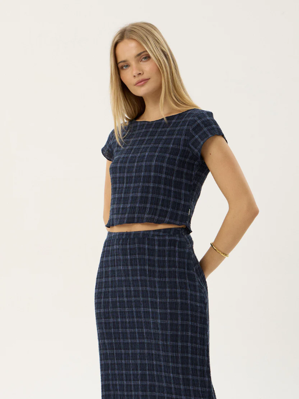 Afends Darcy women's seersucker top with a lightweight textured fabric and relaxed fit.