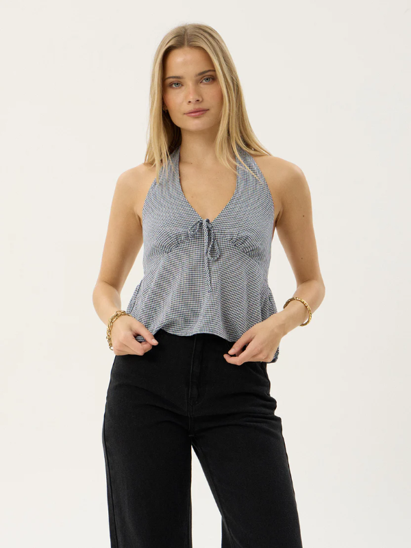 Afends Delfina Indy women's hemp halter top with a fitted silhouette and halter neckline.