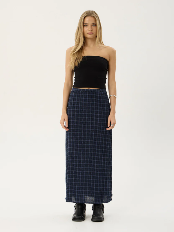 Afends Lita women's seersucker maxi skirt with a lightweight textured fabric and relaxed fit.