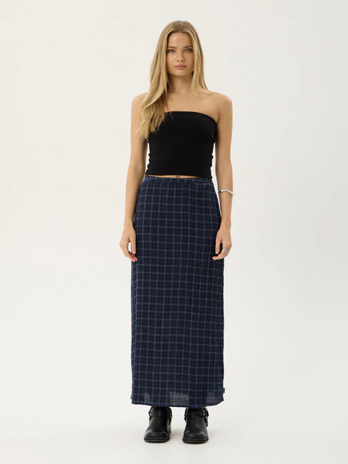 Afends Lita women's seersucker maxi skirt with a lightweight textured fabric and relaxed fit.