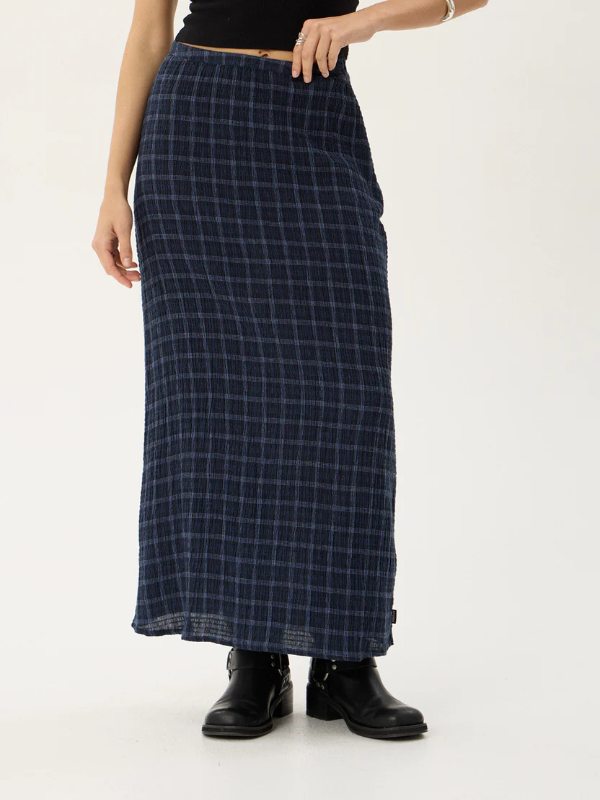 Afends Lita women's seersucker maxi skirt with a lightweight textured fabric and relaxed fit.