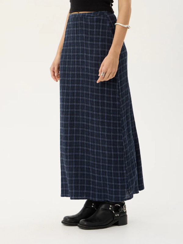 Afends Lita women's seersucker maxi skirt with a lightweight textured fabric and relaxed fit.