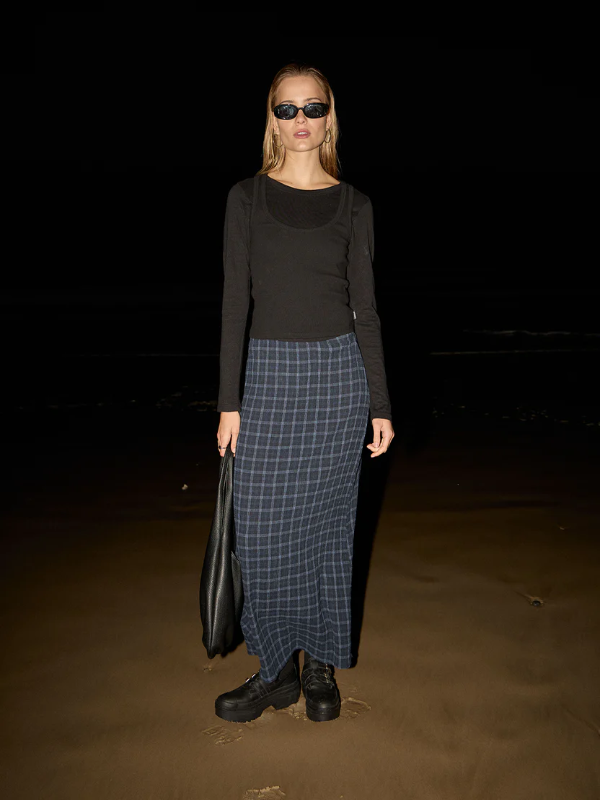 Afends Lita women's seersucker maxi skirt with a lightweight textured fabric and relaxed fit.