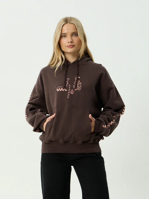 Afends Reality Check boxy pull on hood unisex hoodie with a relaxed oversized fit.
