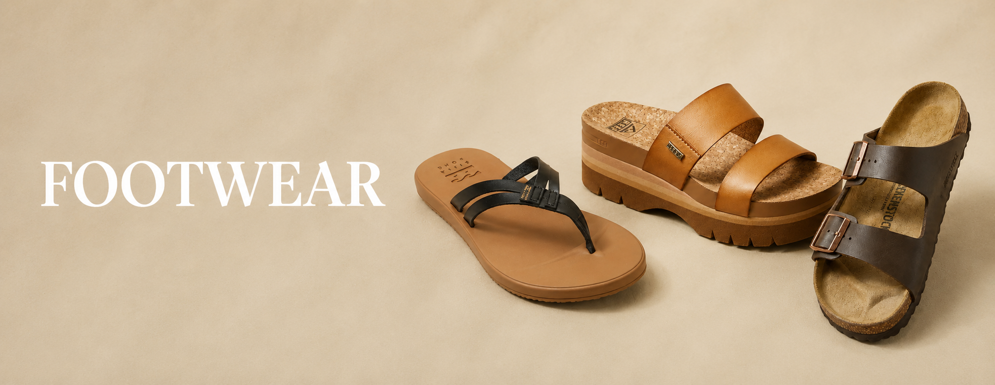 Women's and unisex footwear collection featuring sandals, slides and casual shoes on a neutral background.