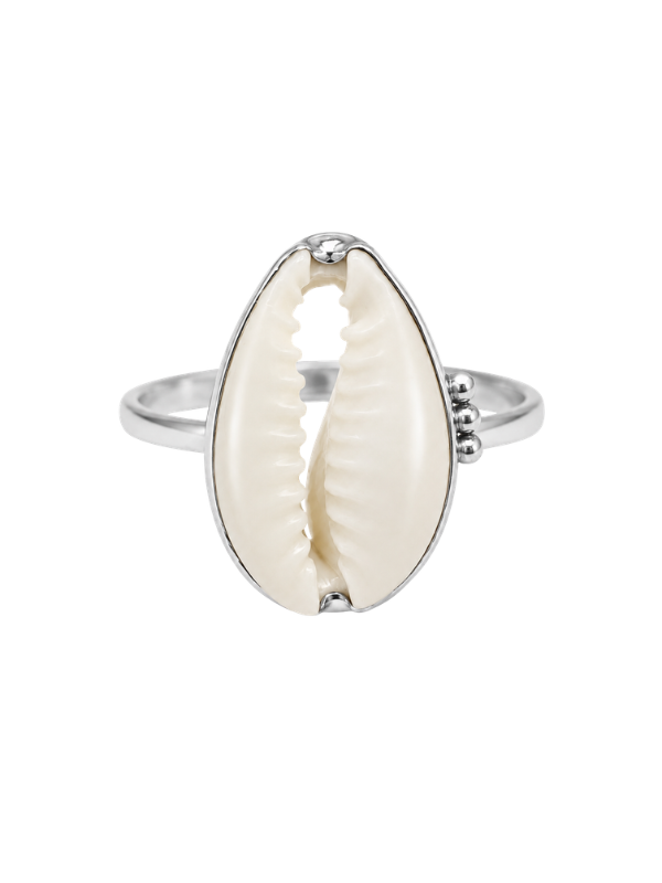 Handmade 925 sterling silver Cowrie Ball Ring featuring a detailed cowrie shell and ball design.