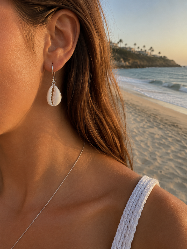 Handmade 925 sterling silver cowrie shell earrings with a timeless ocean-inspired design.