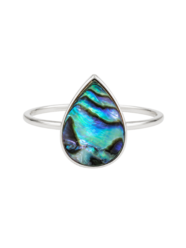 Handmade 925 sterling silver ring featuring a large teardrop-shaped abalone shell with natural iridescent colouring.