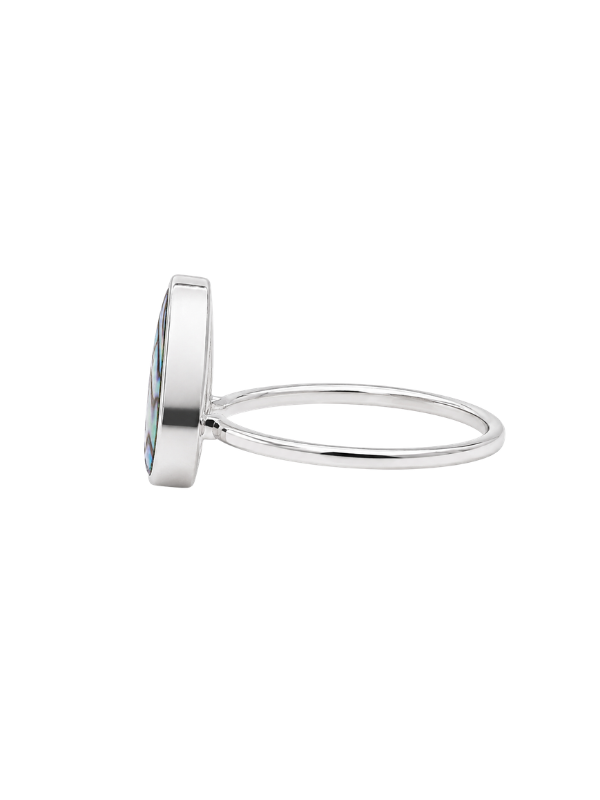 Handmade 925 sterling silver ring featuring a large teardrop-shaped abalone shell with natural iridescent colouring.