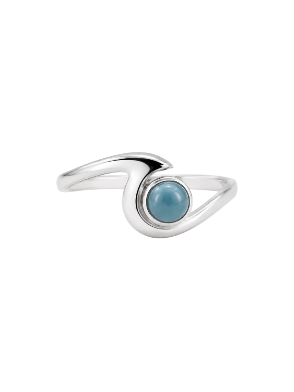 Handmade 925 sterling silver wave ring featuring natural Larimar stone with unique blue colouring and pattern.