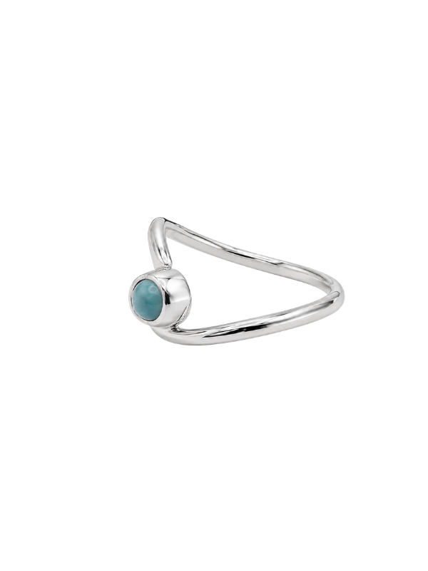Handmade 925 sterling silver wave ring featuring natural Larimar stone with unique blue colouring and pattern.