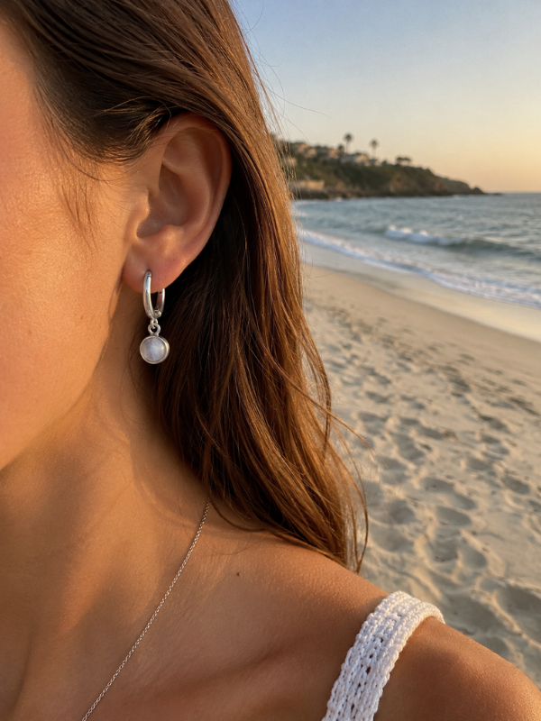 Handmade moonstone hoop earrings featuring natural moonstone detailing and a coastal-inspired design.