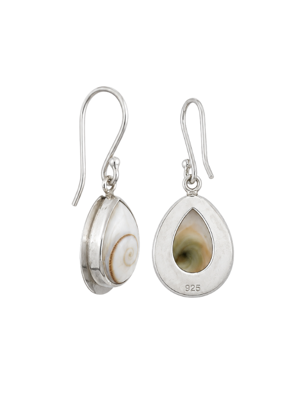 Handmade 925 sterling silver Shiva shell earrings with a unique ocean-inspired coastal design.