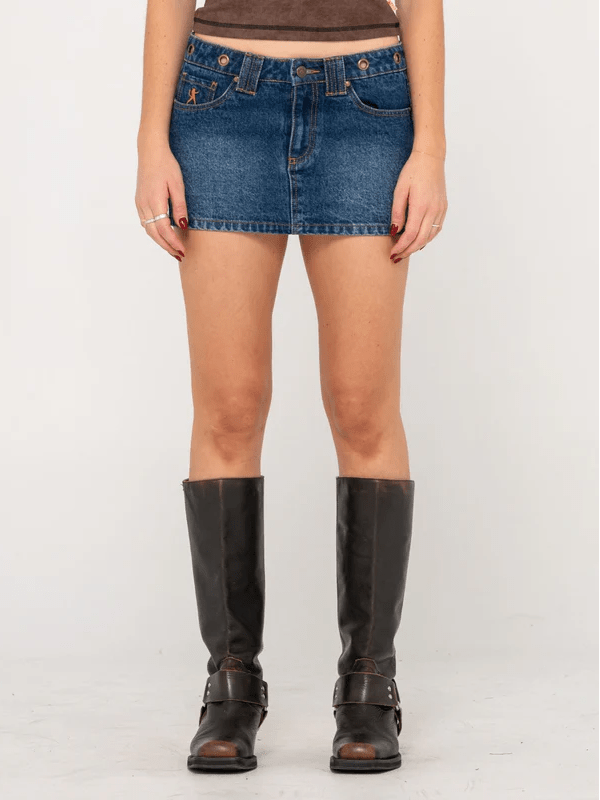 RUSTY BLASTED EYE-LET-LOOSE DENIM MICRO SKIRT