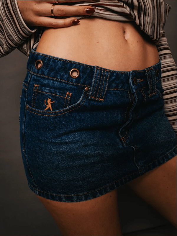 RUSTY BLASTED EYE-LET-LOOSE DENIM MICRO SKIRT