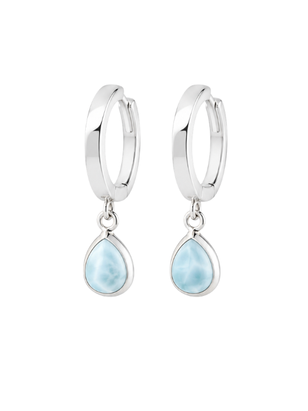 925 sterling silver huggie earrings featuring teardrop-shaped natural Larimar stone with unique ocean-blue colouring.