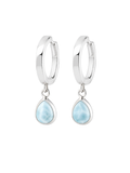 925 sterling silver huggie earrings featuring teardrop-shaped natural Larimar stone with unique ocean-blue colouring.