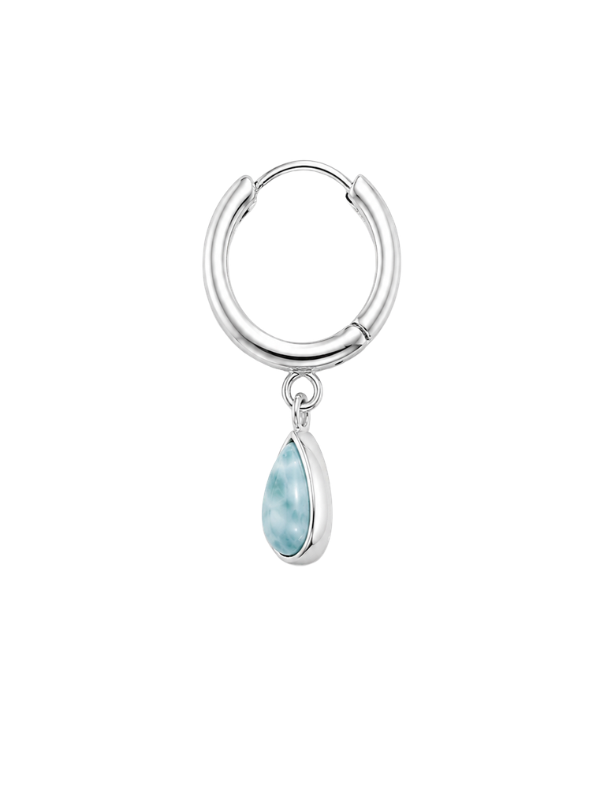 925 sterling silver huggie earrings featuring teardrop-shaped natural Larimar stone with unique ocean-blue colouring.