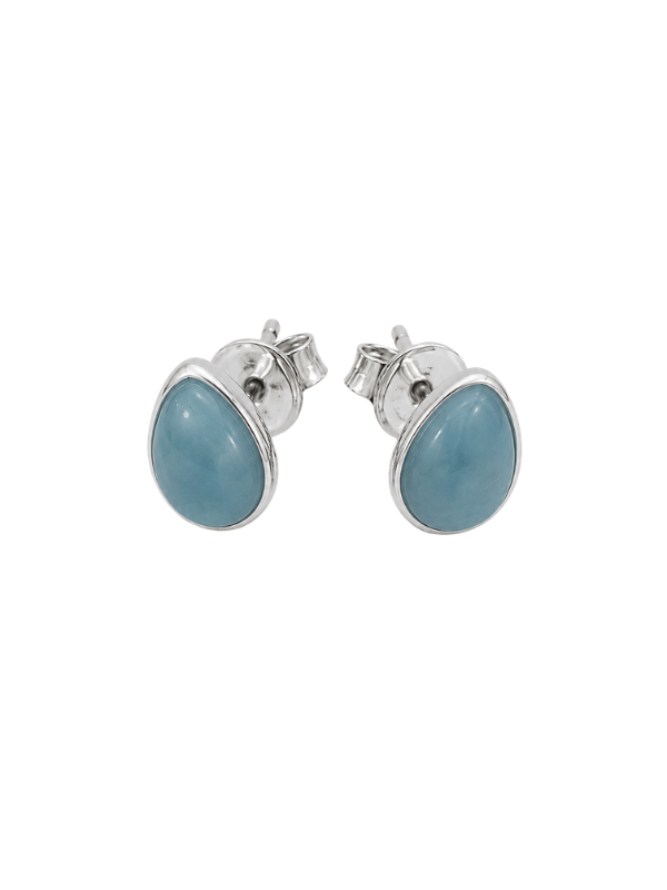 925 sterling silver teardrop stud earrings featuring natural Larimar stone with unique blue colouring and pattern.
