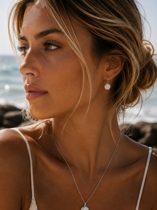 925 sterling silver statement earrings featuring round Shiva shell with unique natural colouring and pattern.