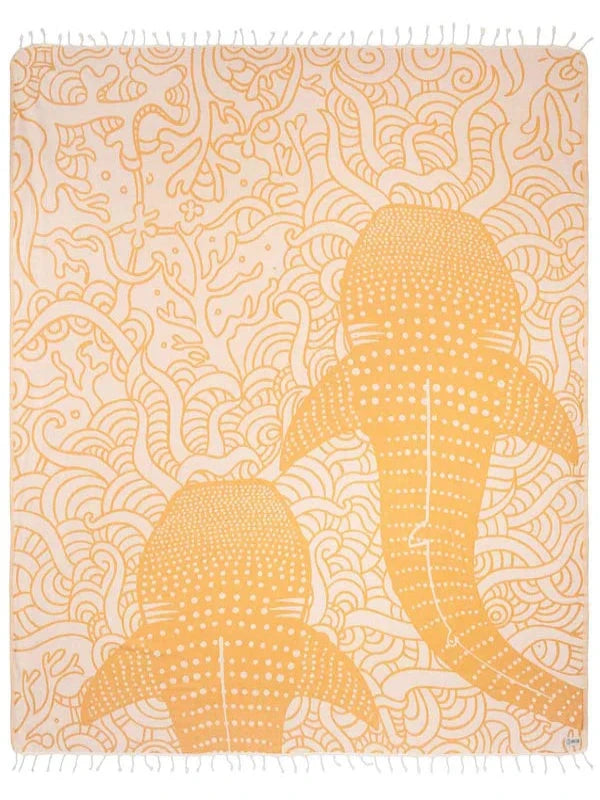 Sand Cloud Whale Shark XL organic cotton beach towel with a whale shark design.