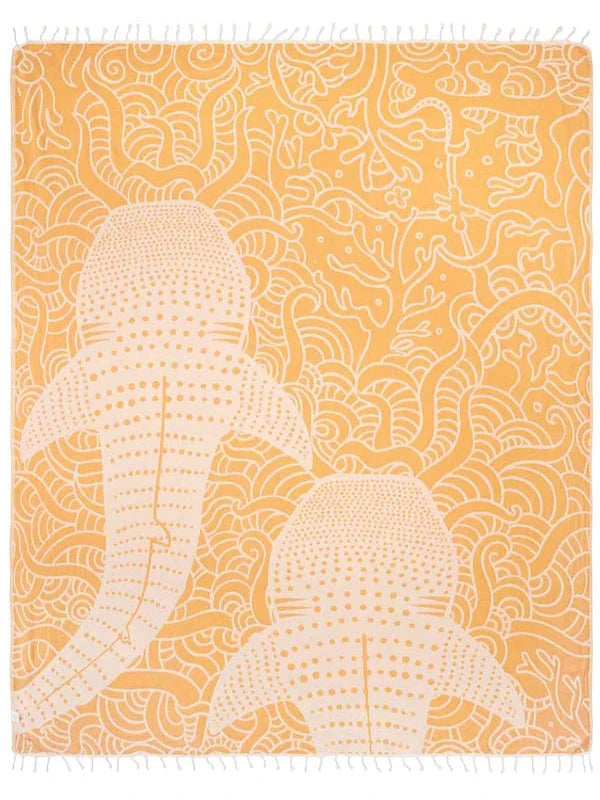 Sand Cloud Whale Shark XL organic cotton beach towel with a whale shark design.