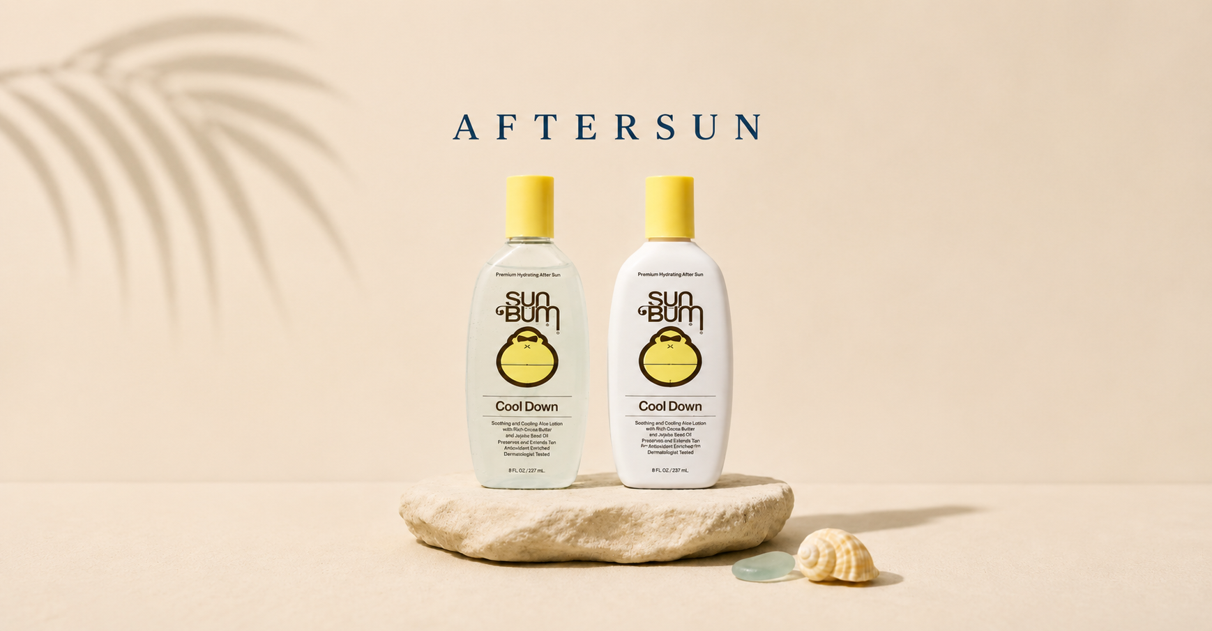 Sun Bum Cool Down after sun lotion bottles displayed on a neutral beach-inspired background.