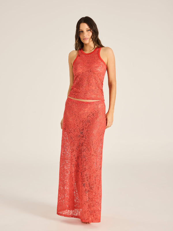 Tigerlily Indi Lace women's maxi skirt featuring delicate lace detailing and a flowing maxi silhouette.