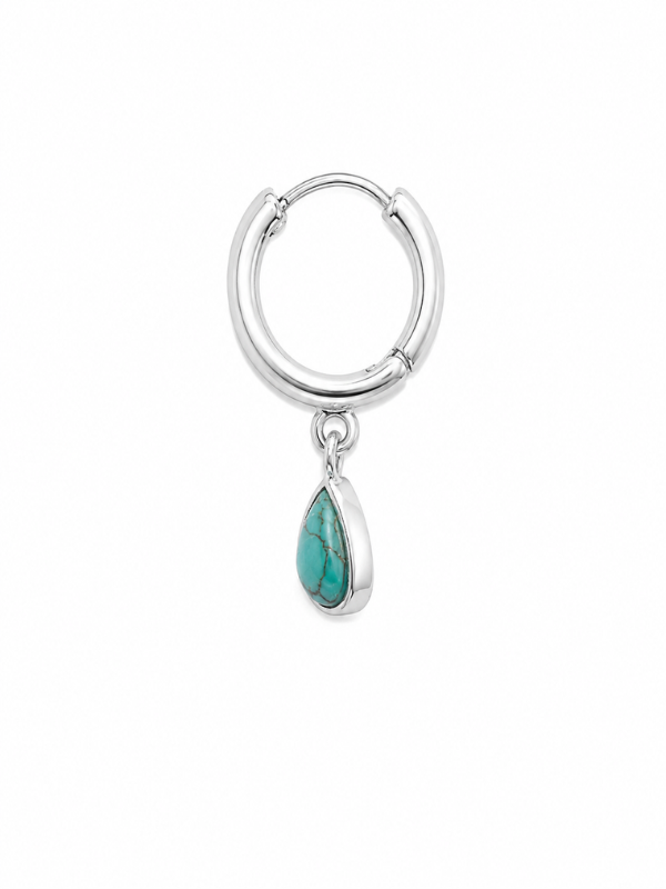 925 sterling silver huggie earrings featuring teardrop-shaped turquoise stone with unique natural colouring and pattern.